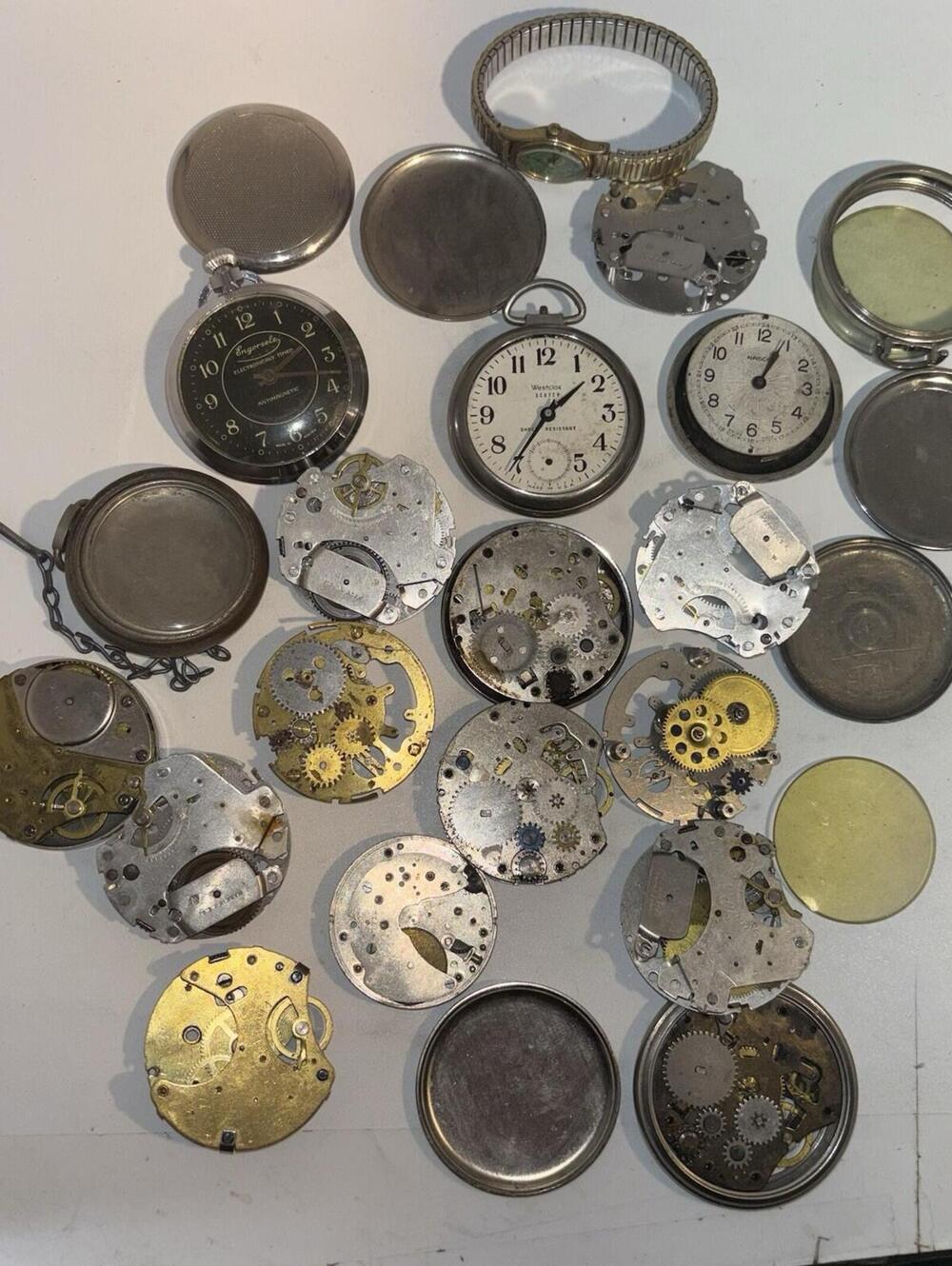 Pocket Stop Watch Parts Faces Wheels Cases Small Parts Miscellaneous Lot As Is